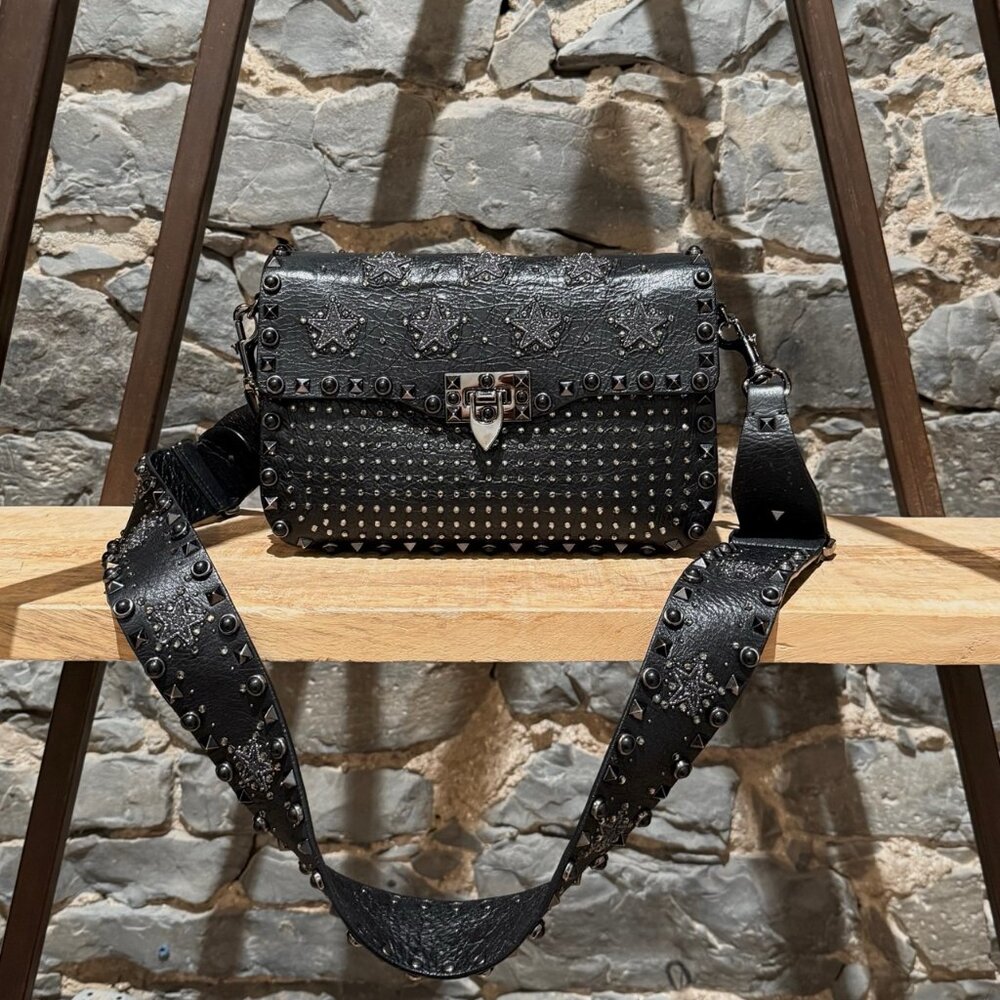 Valentino Black Star Crystal Rolling Rockstud Crossbody Bag